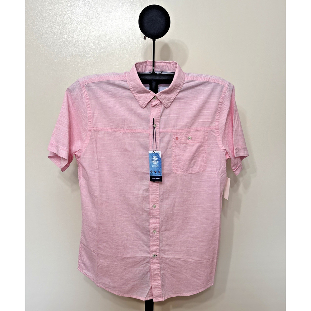 IZOD Saltwater Pink Carnation Stripe Short Sleeve Button Shirt - Large